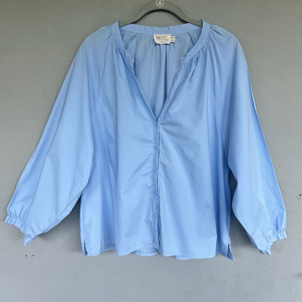 Nation LTD Peasant Blouse XL Powder Blue Balloon Sleeve V-Neck Pima Cotton Boho